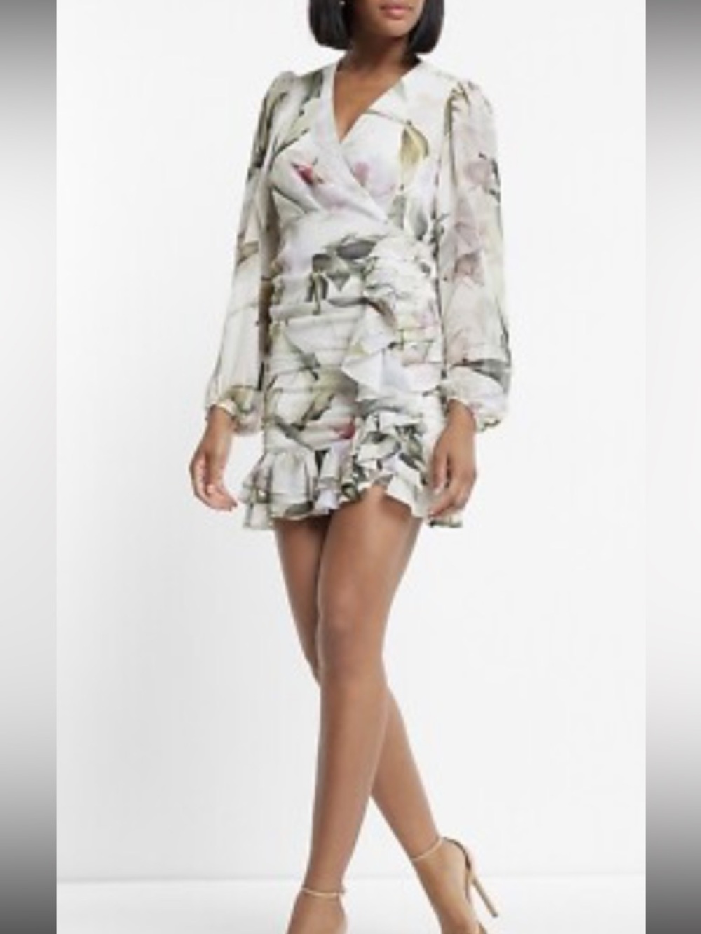Express Long-Sleeve Floral Ruffle Wrap Dress — White with Green & Pink Accents